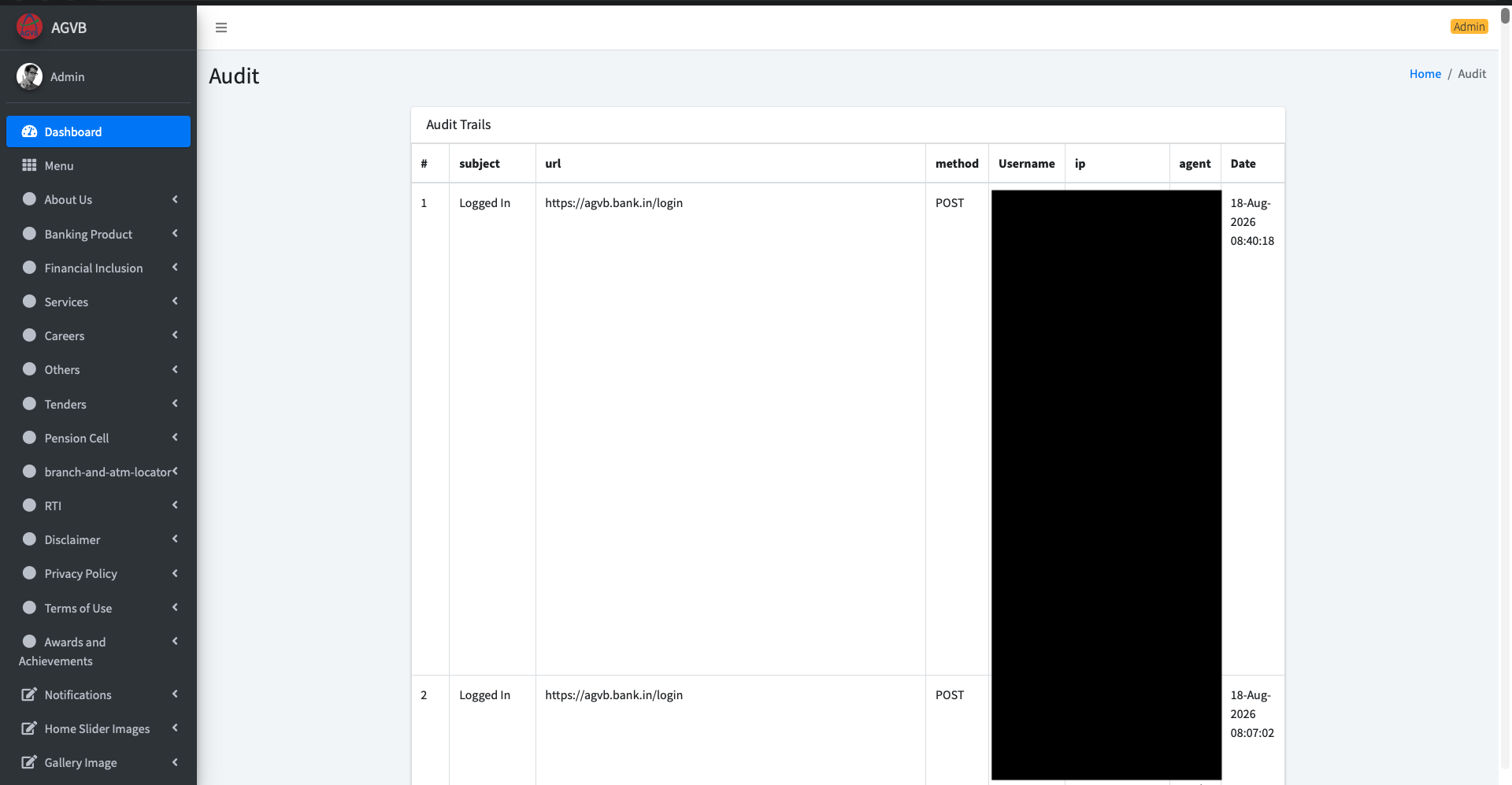 The admin Audit Trails page showing 'Logged In' POST events to /login with timestamps