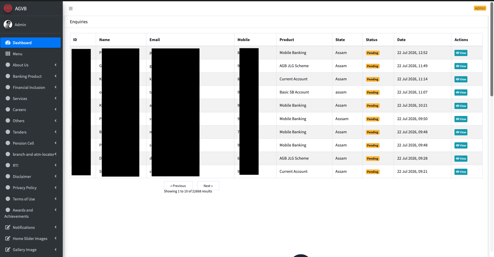 The admin dashboard 'Enquiries' table, footer reads 'Showing 1 to 10 of 22668 results'