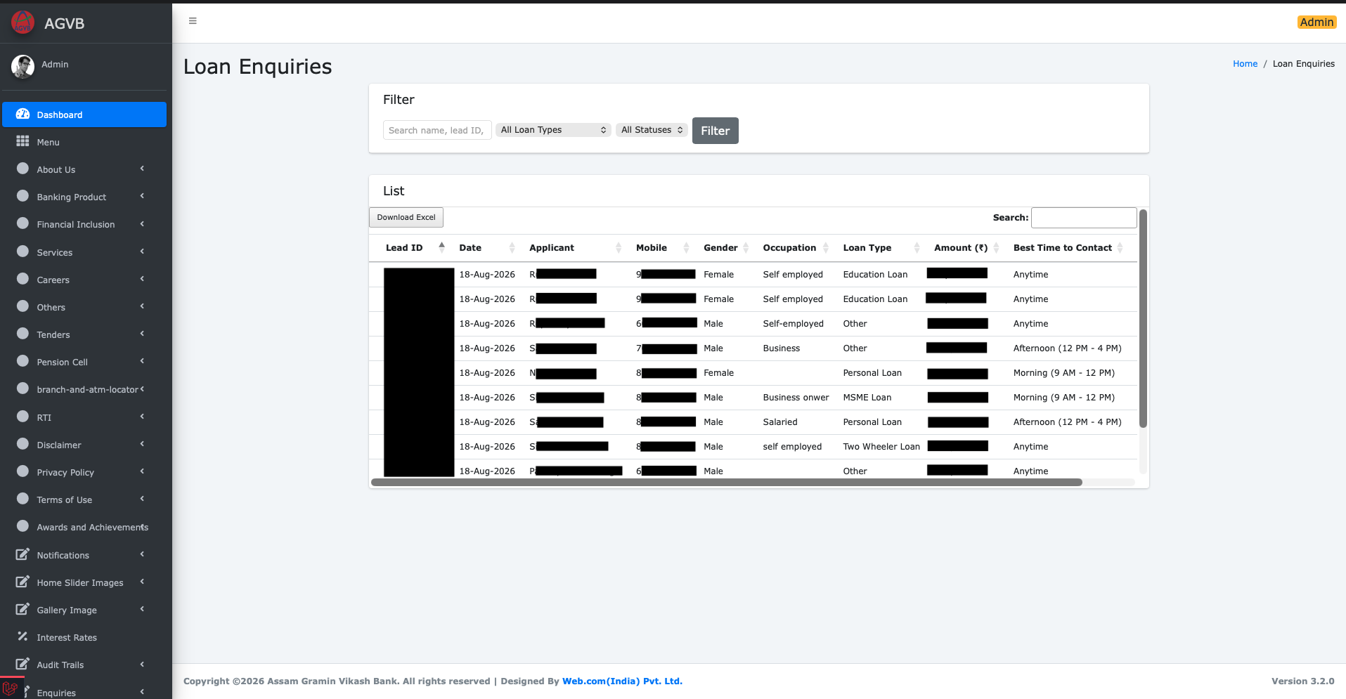 The admin 'Loan Enquiries' module with applicant, mobile, gender, occupation, loan type, amount, and a Download Excel button