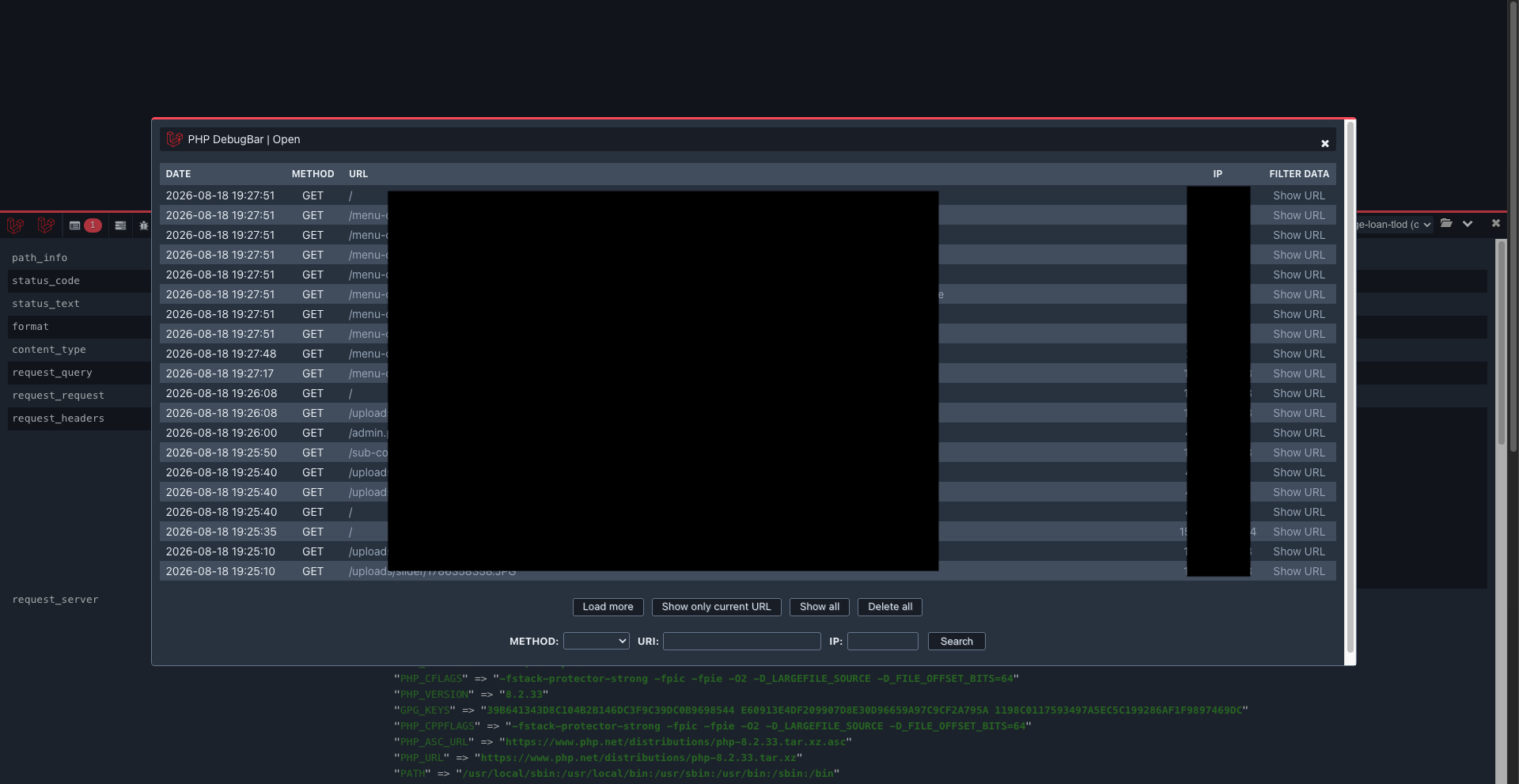 The Debugbar Open Handler window listing many stored past requests by date, method, URL and IP