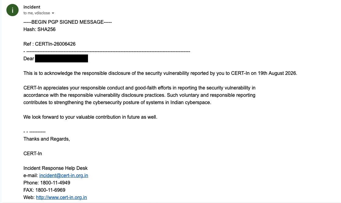 CERT-In acknowledgment email, reference CERTIn-26006426, PGP signed